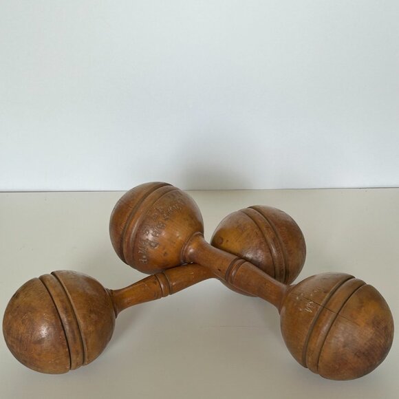 Pair of Vintage Wooden Dumbbells - Picture 2 of 10